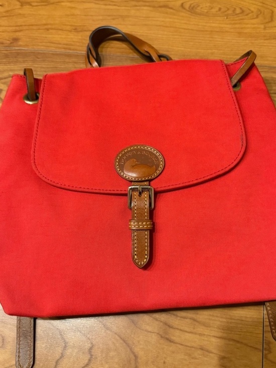 Dooney & Bourke Handbag Nylon Flap Backpack - Red Tan Leather Braided Straps EUC